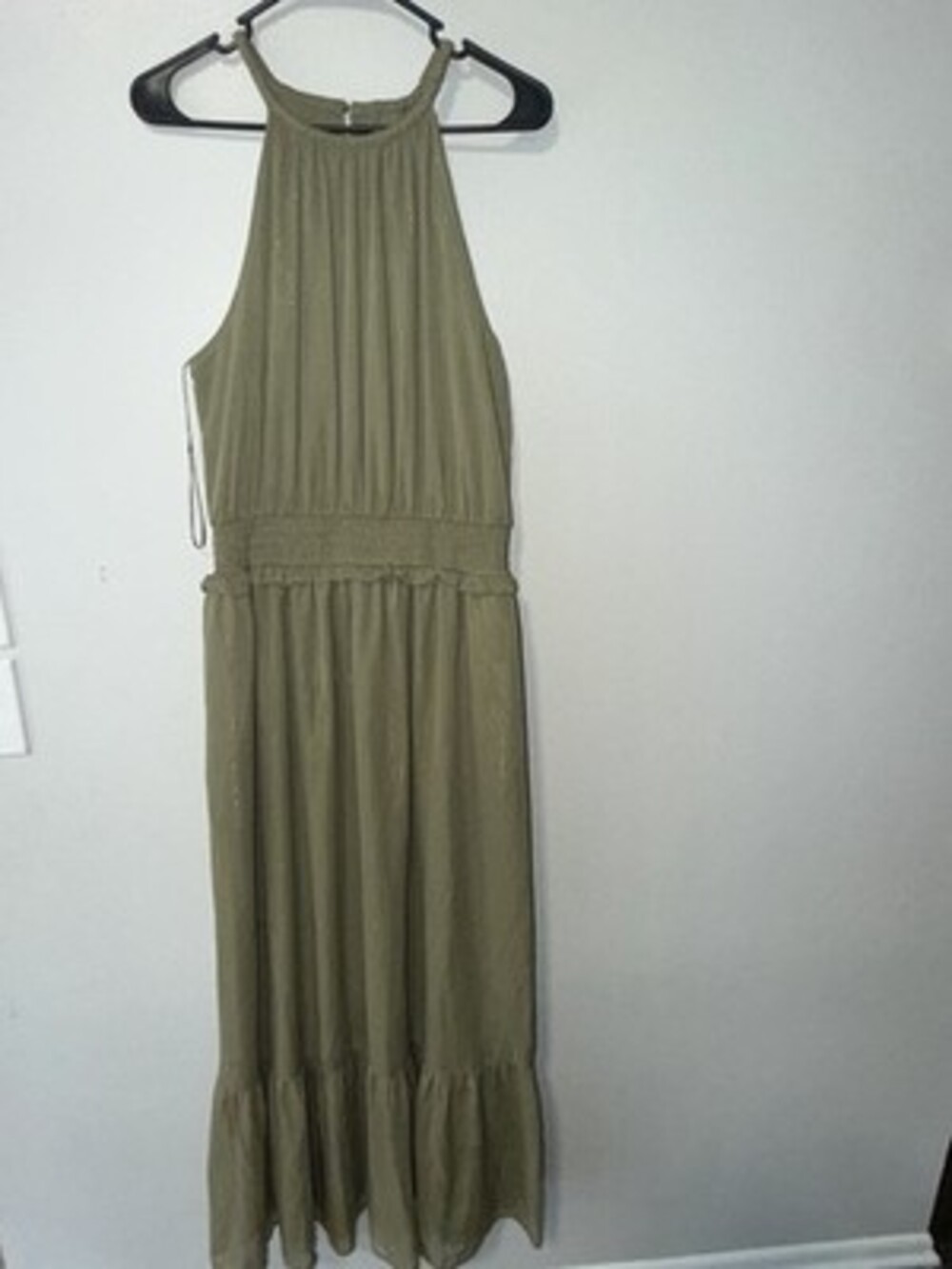 EPC Hazy Sage Large Sleeveless Halter Smocked Waist Ruffle Button Maxi Dress